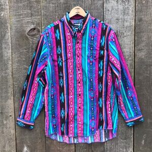 VTG 90s Wrangler Brightly Colored Southwest Aztec Rodeo Button Up Shirt 17-35